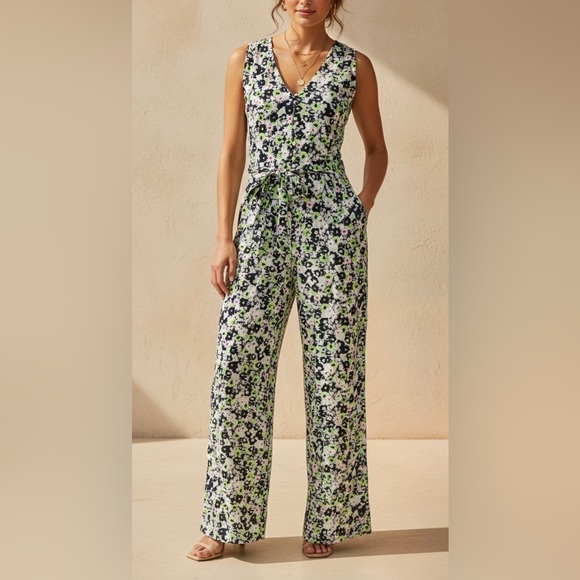 Kachel Pants - KACHEL X ANTHROPOLOGIE Floral Wide Leg Jumpsuit Blue Green 8